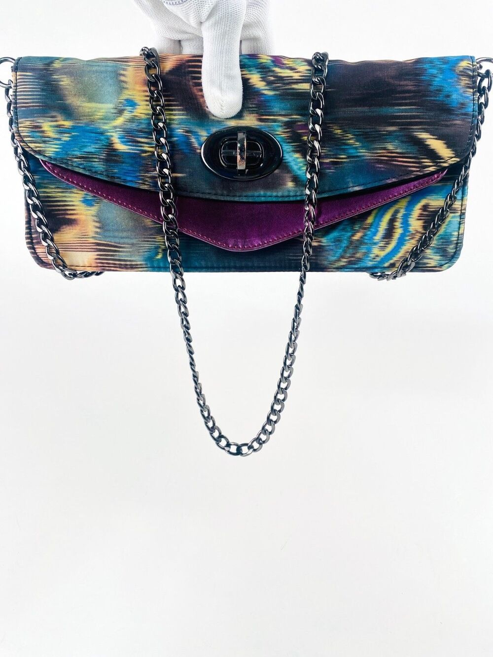 ALDO Multicolor Satin Exterior Chain Clutch Evening Bag Purse Gunmetal Chain - Picture 2 of 16